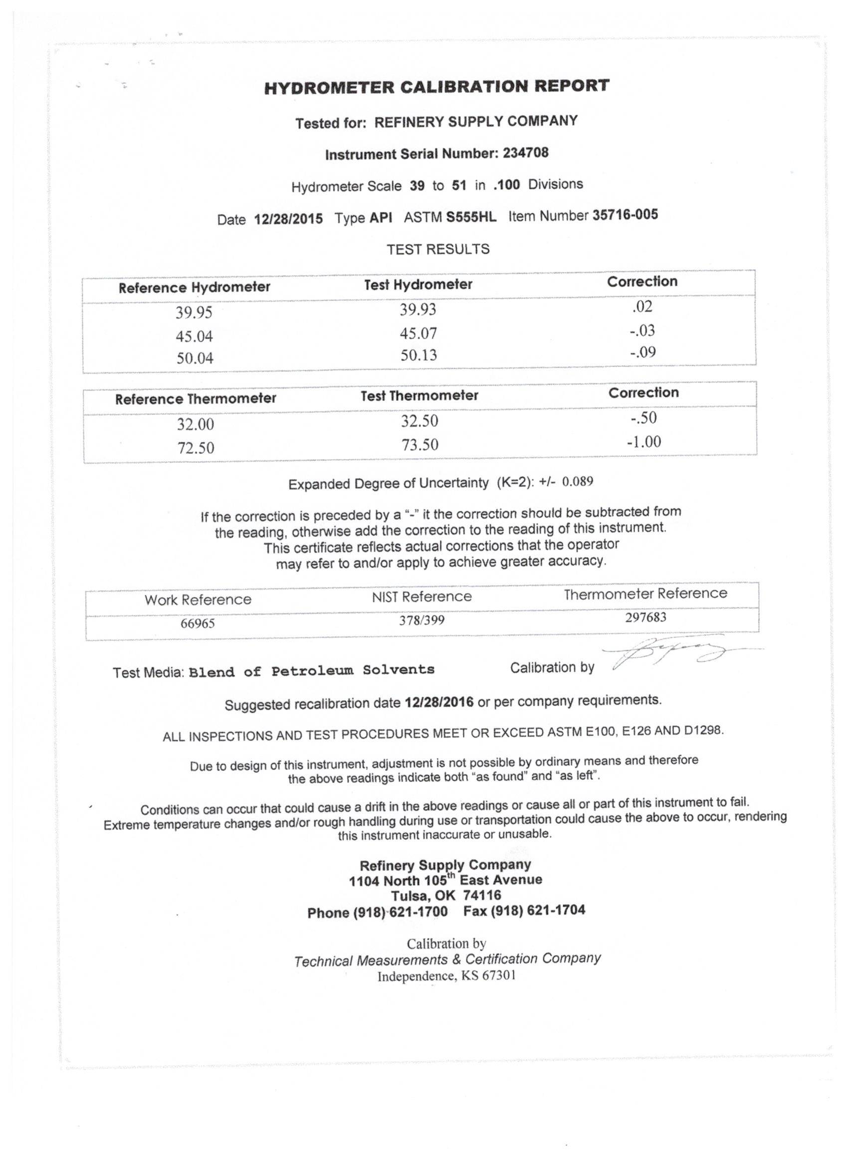 HY0003 Hydrometer Certification per ASTM Standards